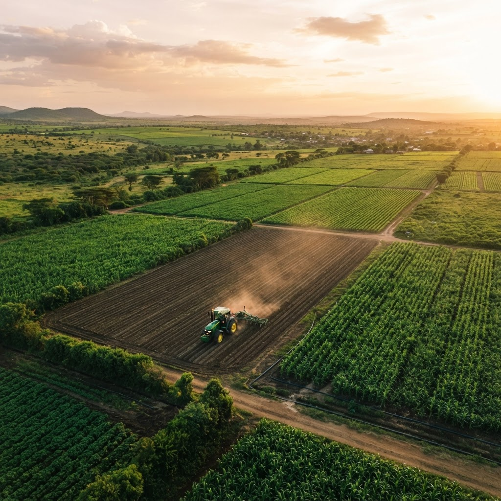 Aerial view of modern African farmland at golden hour with a tractor working the fields
