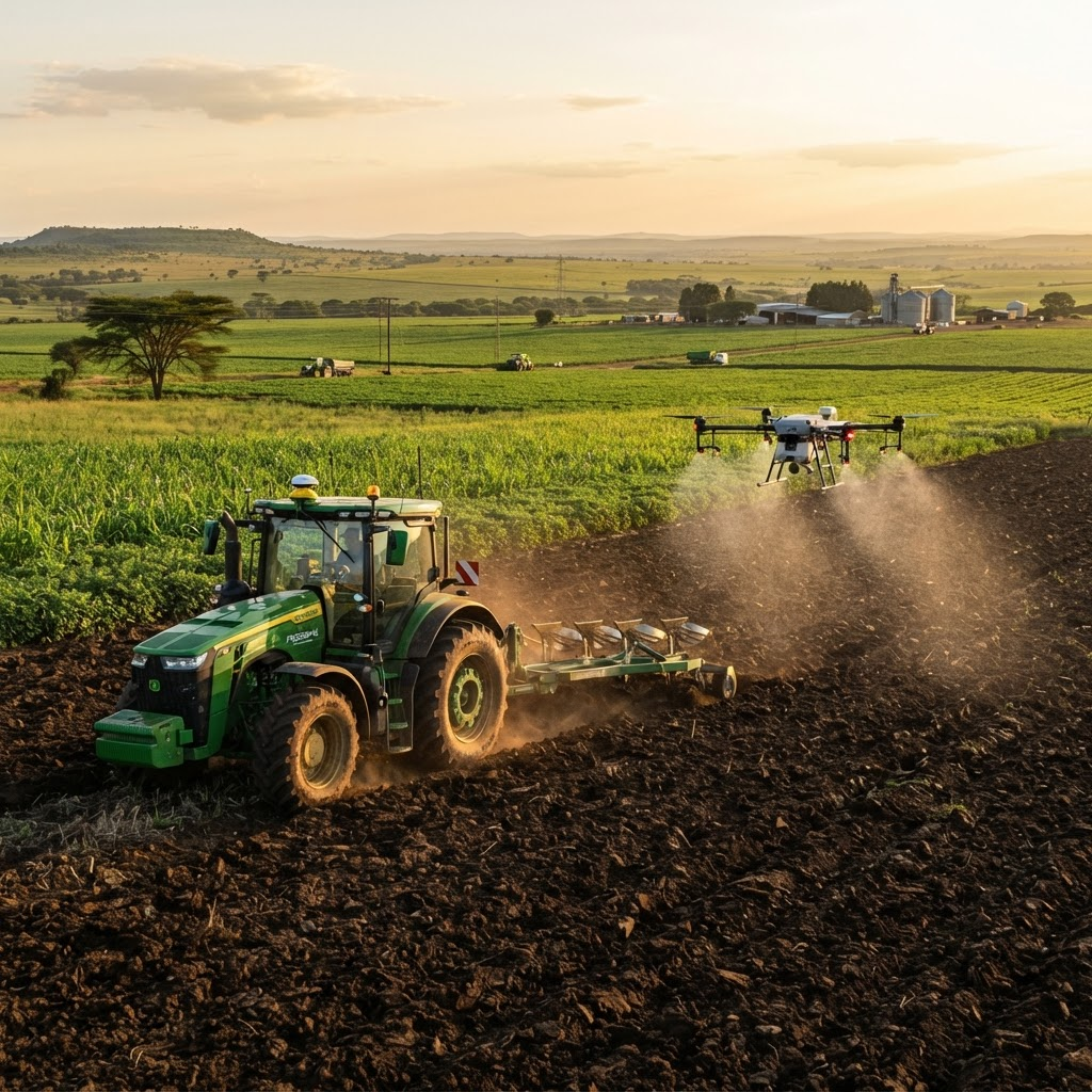 Modern tractor working a large farm with an agricultural drone overhead