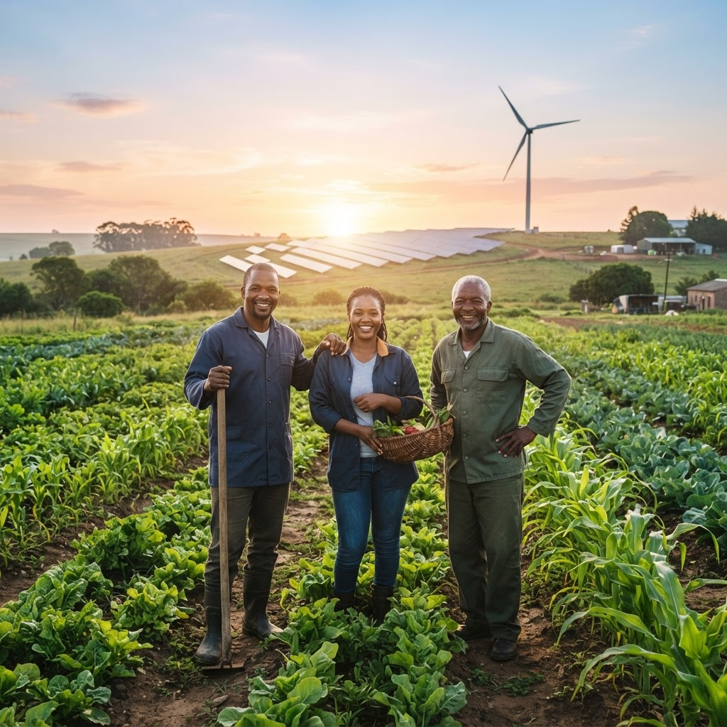 African farmers standing in a lush green field at sunrise